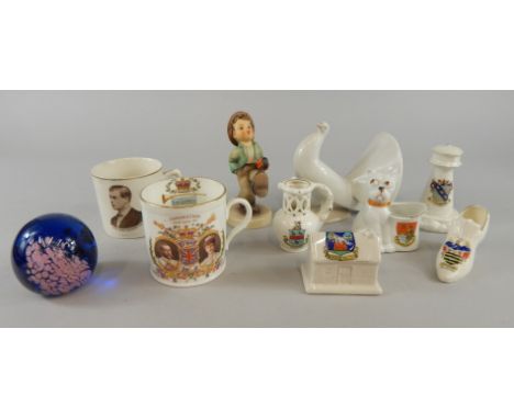 Miscellaneous ceramics etc., to include a Hummel figure, crested china, commemorative china, and a Mdina paperweight.