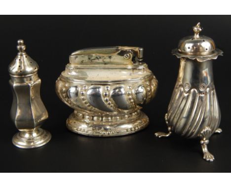 Items of small silver, etc., to include two pepper pots and a silver plated cigarette lighter.