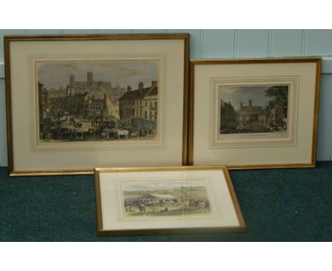 Three Lincoln related coloured prints, Lincoln Horse Fair, The High Street Lincoln and the agricultural meeting Lincoln, judg