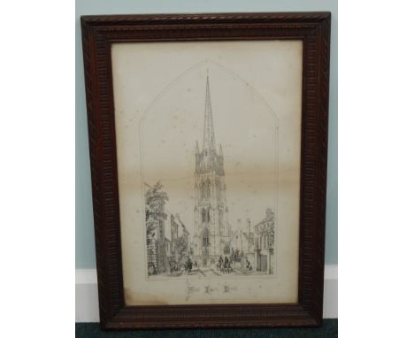 After Charles Wickes.  St James's Church Louth, viewed from Westgate, first published 1828, 56cm x 37cm, in a carved frame