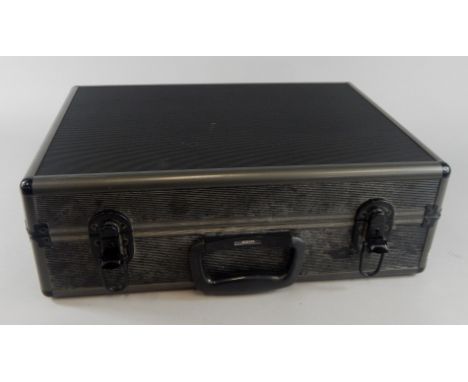 An aluminium and black metal camera case. 