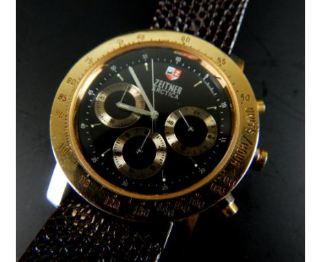 A Zeitner Arctica gent's chronograph wristwatch, stainless steel and golden coloured finish, on black leather strap.  