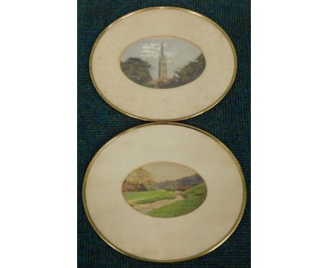A pair of hand tinted prints or photographs, depicting St James's Church, Louth, and the River Lud in Hubbards Hills, oval, w