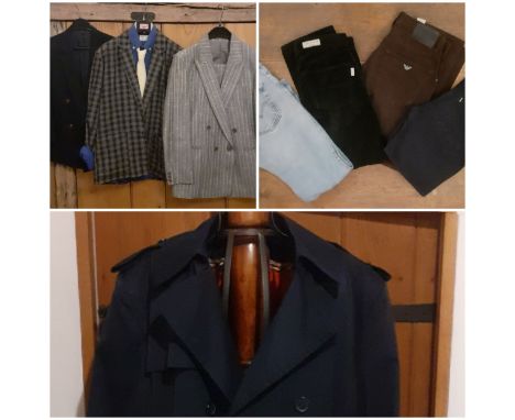 A group of vintage gents and teenage boy's clothing to include a John Weitz Casualcraft navy rain coat with tartan lining and