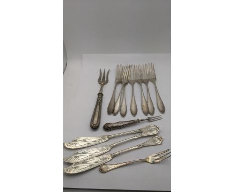 A group of 800 silver and silver plated flat ware and cutlery to include three 800 silver fish knives and cake fork together 