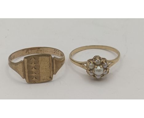 Two 9ct yellow gold rings to include a seed pearl flower head example along with a gents signet ring total weight 4.3g Locati