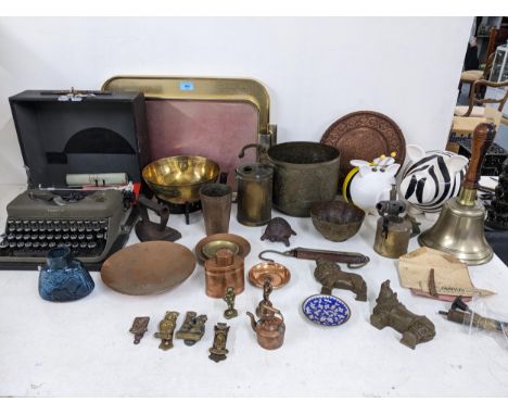 A mixed lot to include a cased Imperial typewriter, various Indian, Chinese and other brassware, a bronze hand bell with turn