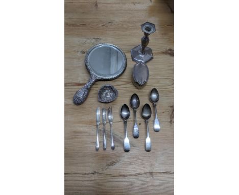 Mixed silver items to include four fiddle pattern teapots, a floral embossed pin dish, a candlestick and others together with