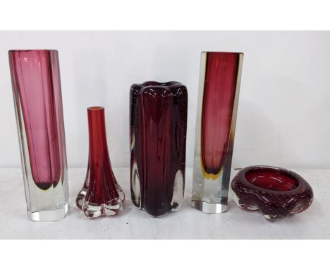 A selection of art ruby coloured glassware to include two Sommerso Murano vases, and three Whitefriars pieces to include a bu