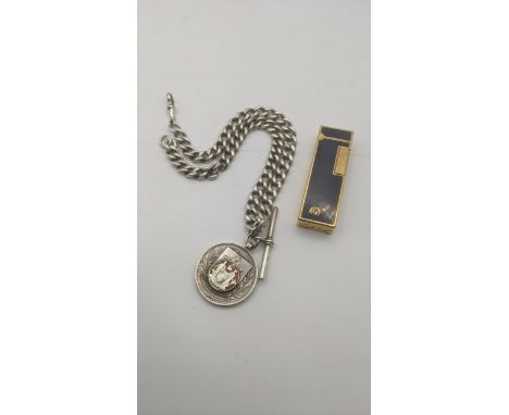 A silver pocket watch chain with bulldog clip A/F T bar and silver and enamel fob 76.8g, together with Colibri blue lacquer a