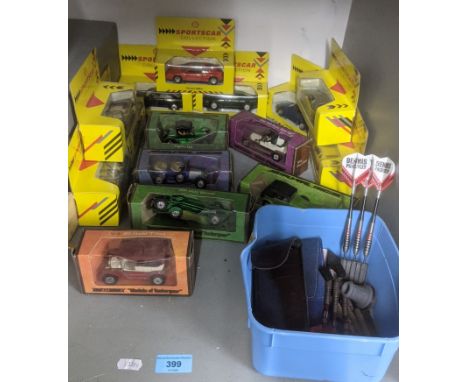 A group of boxed Models of Yesteryear and Shell Sportscar collection diecast model cars, along with various darts Location: G