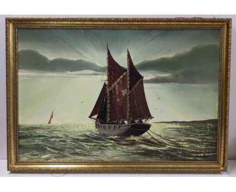 Gordon Allen - an oil on canvas seascape depicting figures in a boat, signed to the lower right corner, 75cm x 49.5cm, framed