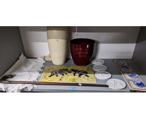 A mixed lot to include four Royal Copenhagen bisque plaques, two West German Scheurich ceramic vases, a horn handled walking 