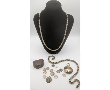Silver and white metal to include a silver compact engraved with initial M, a silver herringbone beaded necklace, white metal