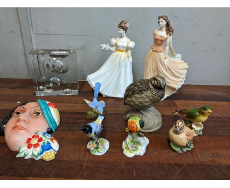 Ceramics and glassware to include mask, Beswick, Royal Doulton, Crown Staffordshire model birds, and a Royal Doulton and Worc