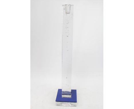 A Kosta Boda clear glass candle stick by Bertil Vallien, textured square column with blue drip tray (loose) square base with 