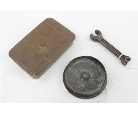 1914 Brass Christmas Tin, BSA Spanner and a Trench Art Brass Ashtray 