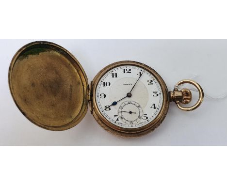 Rolex gold plated keyless winding open faced pocket watch with subsidiary seconds dial, gold hands, black Arabic numerals, wh