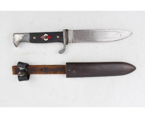 German Third Reich Hitler Youth Pattern Knife. Nickel plated turn up quillon and pommel with two piece black chequered compos