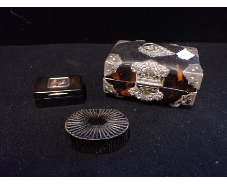 A REGENCY SNUFF BOX, another similar and an 18th century tortoiseshell and silver mounted box (examine) (3)