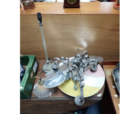 A WROUGHT STEEL THREE BRANCH HANGING LIGHT FITTING, an Edwardian glass shade and other items