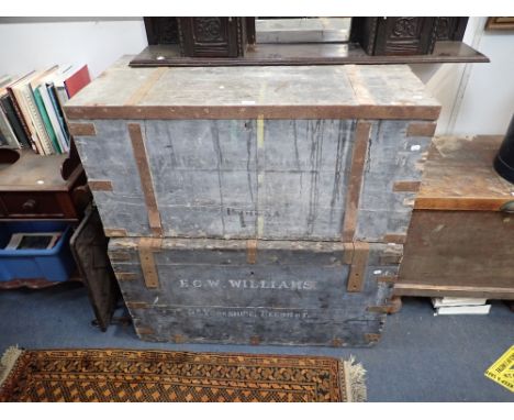 A LARGE 19TH CENTURY METAL BOUND TRUNK, inscribed, 'B.C.W.WILLIAMS YORKSHIRE REGIMENT' 106cm wide and another smaller (2)