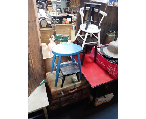 A 19TH CENTURY PAINTED PINE TRUNK with carrying handles, two vintage cases, a primitive stool with turned legs and other item