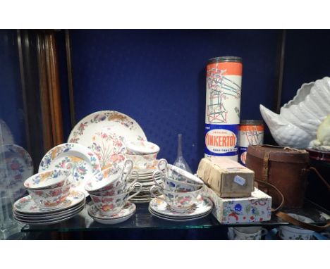 AN EDWARDIAN FLORAL PART TEA SET, a pair of Vintage binoculars with leather case and Vintage sundries