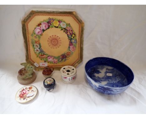 A 19TH CENTURY CERAMIC INKWELL painted with flowers and similar ceramics