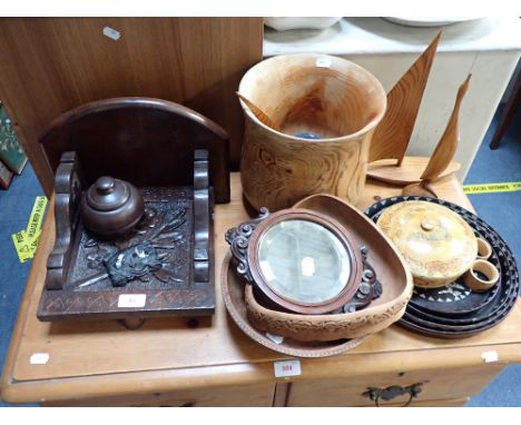 A CARVED WALL BRACKET, a carved mahogany framed mirror and other items