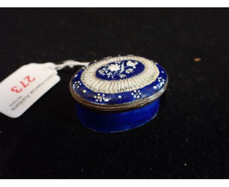 AN 18TH CENTURY BLUE AND WHITE ENAMEL PATCH BOX (some restoration)