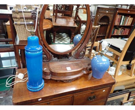 A BLUE GLAZED TABLE LAMP OF ORIENTAL VASE FORM with impressed Studio Potter's mark, 25cms high plus fitting and another potte