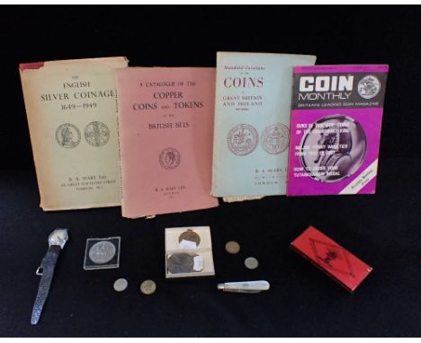 A VINTAGE WRISTWATCH, A SILVER PENKNIFE, COINS, and a few coin catalogues