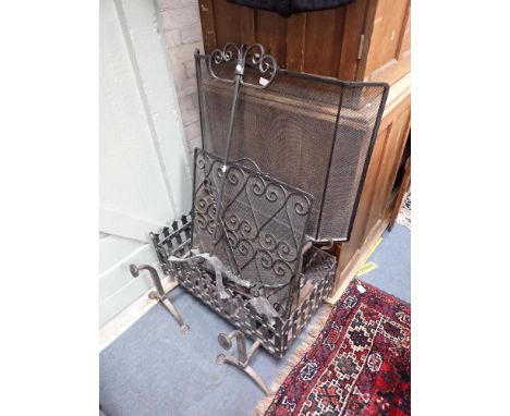 A WROUGHT IRON FIRE BASKET WITH DOGS, another similar, a set of fire tools and other items