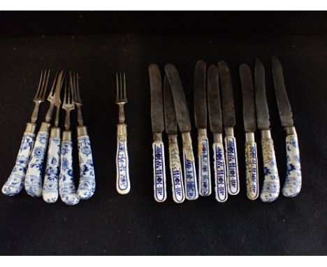 A COLLECTION OF 18TH CENTURY CUTLERY, with steel blades and three-pronged forks, with ceramic handles, some of pistol-grip fo