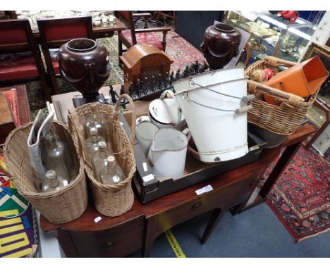 A COLLECTION OF VINTAGE ENAMEL WARE, a tin shoe cleaning box and sundries
