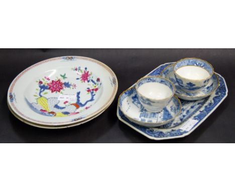 Two Oriental tea bowls with saucers, plus an early plate CONDITION REPORT; The lozenge plate has and old stapled repair. The 