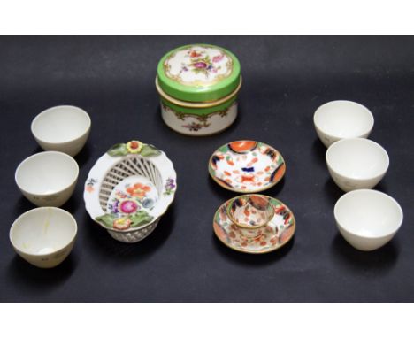 A small selection of ceramics to include a pot with cover, Herend basket, six Royal Worcester egg cups and a miniature cup an