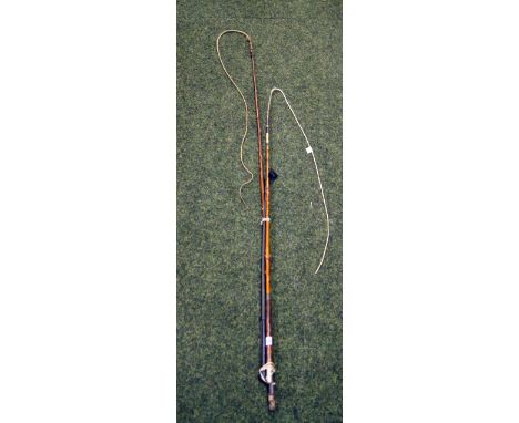 Two vintage equestrian whips, along with a leather riding crop CONDITION REPORT; The longest whip has damage to the handle (i