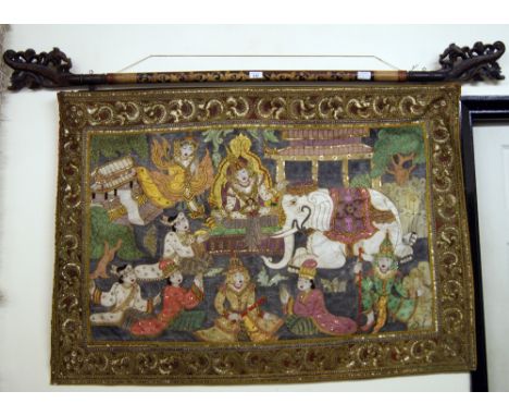 Tibetan silk tapestry and inlaid pole