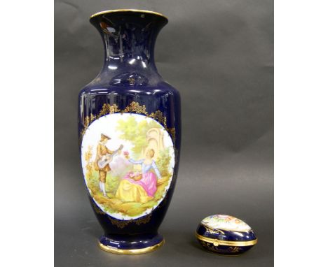 Large blue Limoges vase together with a similar trinket box and square receiver 