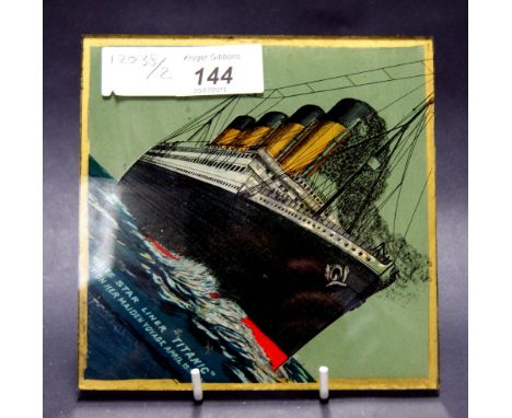 An early 20th Century square glass tile, painted to the reverse with a depiction of the Titanic, with mother of pearl applied