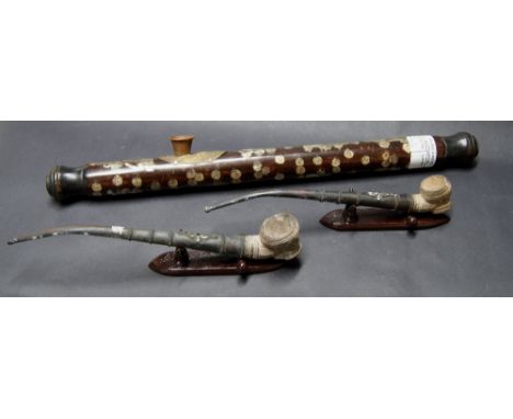 Opium pipe inlaid with mother of pearl, plus two others