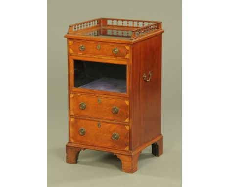 An Edwardian inlaid mahogany bijouterie side cabinet, with spindled gallery, glazed top with sliding plush lined drawer benea