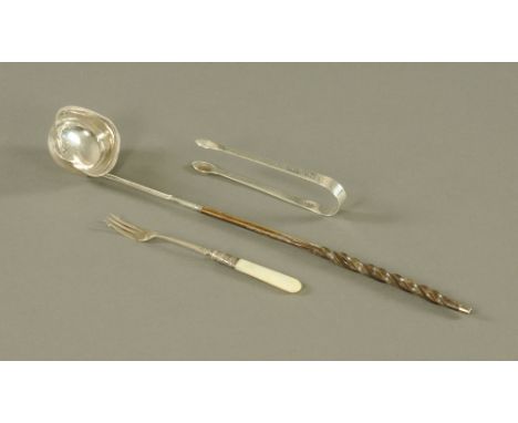 A Georgian silver toddy ladle, with wrythen bone handle together with a pair of silver sugar tongs by Peter and Ann Bateman a