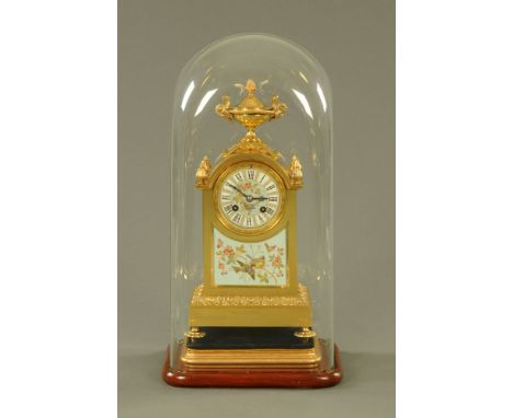 A French brass and porcelain mantle clock, with two train striking movement, the movement marked A*B, the whole raised on a w