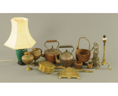 Two vintage copper kettles, chestnut roaster, pair of Benares vases, figure, desk stand, table lamp etc.