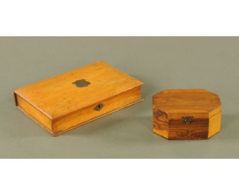 A Victorian book form casket.  27 cm x 18.5 cm x 6 cm, together with an olive wood caddy.