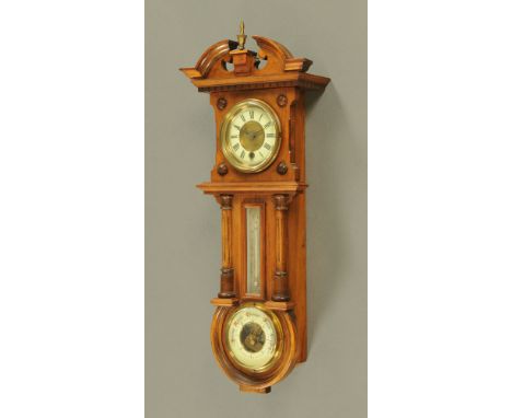 A Victorian stained beechwood combined wall timepiece, thermometer and barometer, contained in case with arched cresting and 
