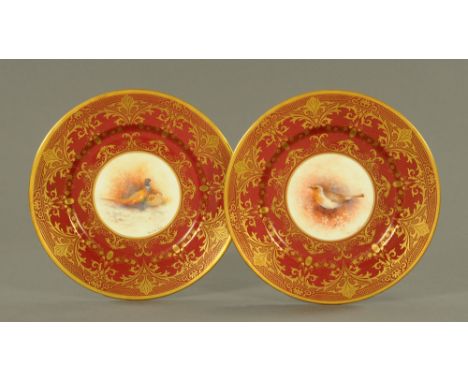 A pair of cabinet plates decorated with birds by the Royal Worcester artist Christopher Hughes, pheasant and robin.  diameter